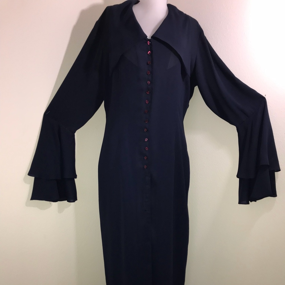 Vintage Style Kenar Navy Dress with Bell Sleeves